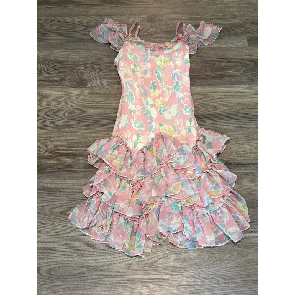 Ralph Lauren Kids Pink Floral Ruffle Cold Shoulder Tiered Dress Girls Size 12